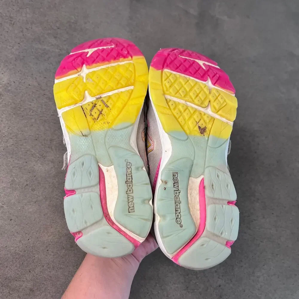 New Balance Gray pink yellow suede no lace sneakers Youth girls 2 athletic shoes